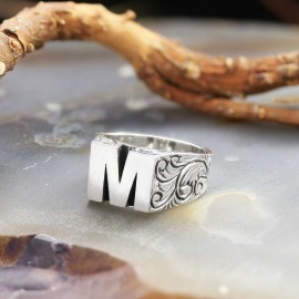 Sterling Silver Monogram M Bold Alphabet Women Ring