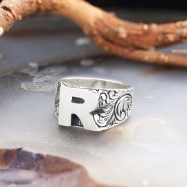 Sterling Silver Monogram R Bold Alphabet Women Ring