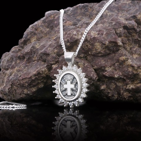 Stone Cross Silver Necklace, Gold Plated Silver Christian Cross Stone Pendant, Silver Oval Cross Necklace