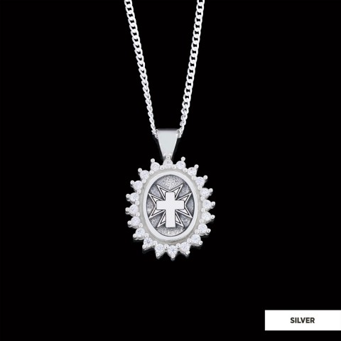 Stone Cross Silver Necklace, Gold Plated Silver Christian Cross Stone Pendant, Silver Oval Cross Necklace