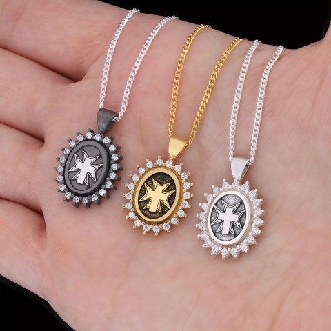 Stone Cross Silver Necklace, Gold Plated Silver Christian Cross Stone Pendant, Silver Oval Cross Necklace