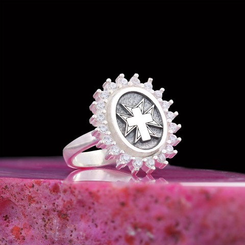 Stone Cross Silver Ring, Gold Plated Silver Christian Cross Stone Ring, Silver Oval Cross Ring, Christian Gift