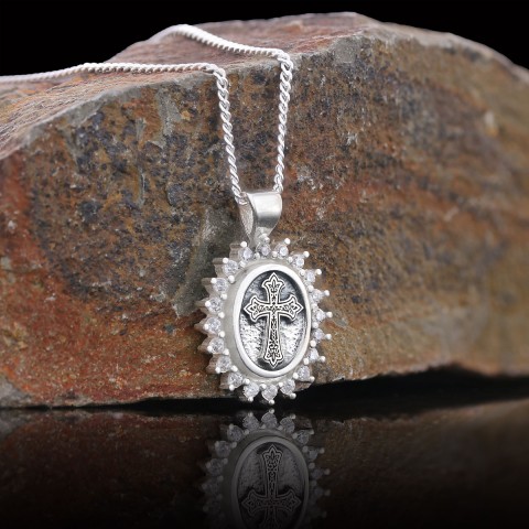 Stone Special Design Motif Cross Necklace, Gold Plated Silver Cross Christian Pendant, Rhodium Plated Stone Oval Silver Necklace