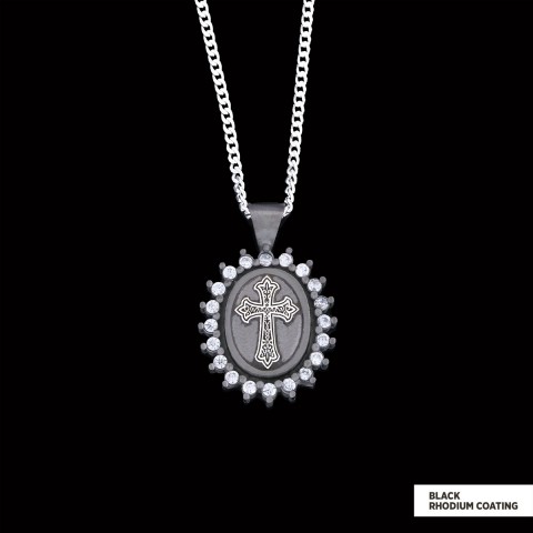 Stone Special Design Motif Cross Necklace, Gold Plated Silver Cross Christian Pendant, Rhodium Plated Stone Oval Silver Necklace