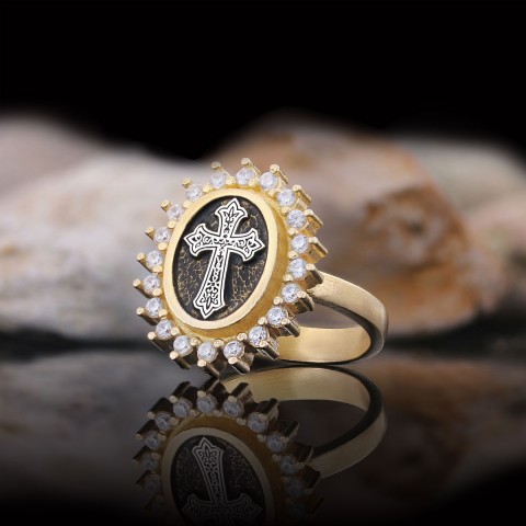 Stone Special Motif Ring, Gold Plated Silver Crusader Christian Ring, Rhodium Plated Stone Oval Silver Ring, Crusader Women's Jewelry Gift