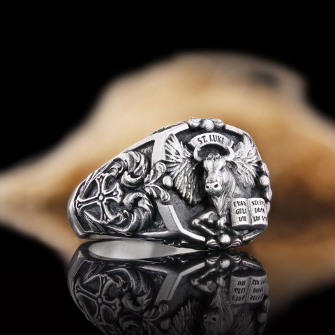 Taurus Of Saint Luke Apostle Evangelist Wings Signet Ring, 925 Sterling Silver Evangelist Winged Bull Symbol Ring, Christian Ring
