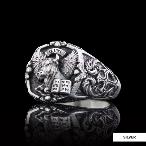 Taurus Of Saint Luke Apostle Evangelist Wings Signet Ring, 925 Sterling Silver Evangelist Winged Bull Symbol Ring, Christian Ring