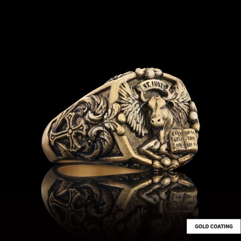 Taurus Of Saint Luke Apostle Evangelist Wings Signet Ring, 925 Sterling Silver Evangelist Winged Bull Symbol Ring, Christian Ring