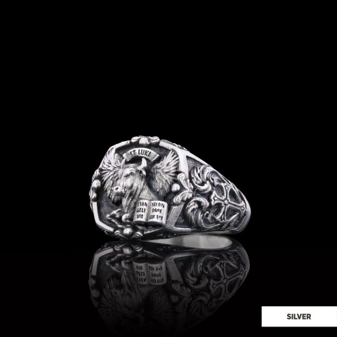 Taurus Of Saint Luke Apostle Evangelist Wings Signet Ring, 925 Sterling Silver Evangelist Winged Bull Symbol Ring, Christian Ring