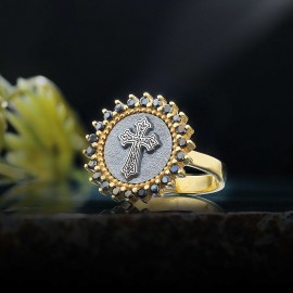 Unique Design Round Stone White and Black Christian Cross Women Ring