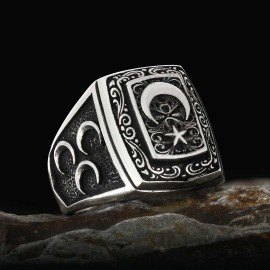 Unique Howling Wolf with Crescent&Star Motif Ottoman Ring