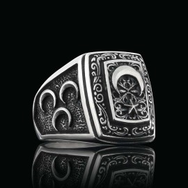 Unique Howling Wolf with Crescent&Star Motif Ottoman Ring
